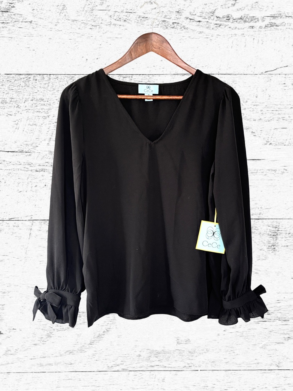 CeCe Black V-Neck Long Sleeve Blouse with Tie Cuffs